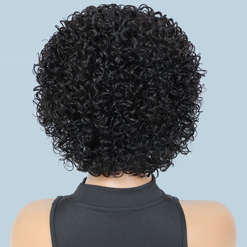UDU Short Curly Human Hair Wigs For Black Women Short Curly Wigs Human Hair Non Lace Glueless Wig with Bangs Side Part Wigs (Nature Black) - Image 4